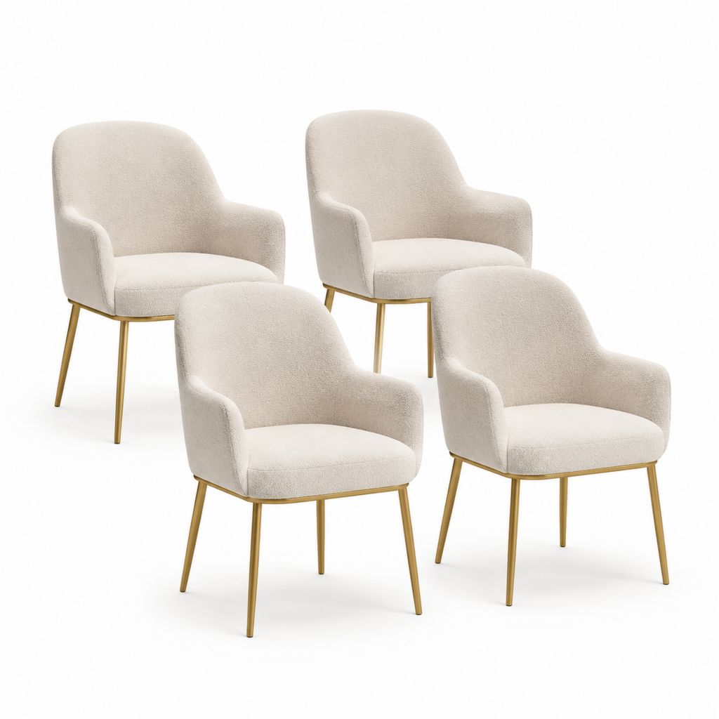 Ensemble de 4 fauteuils en tissu bouclé et acier, blanc cassé et or, 58 × 60 × 85 cm