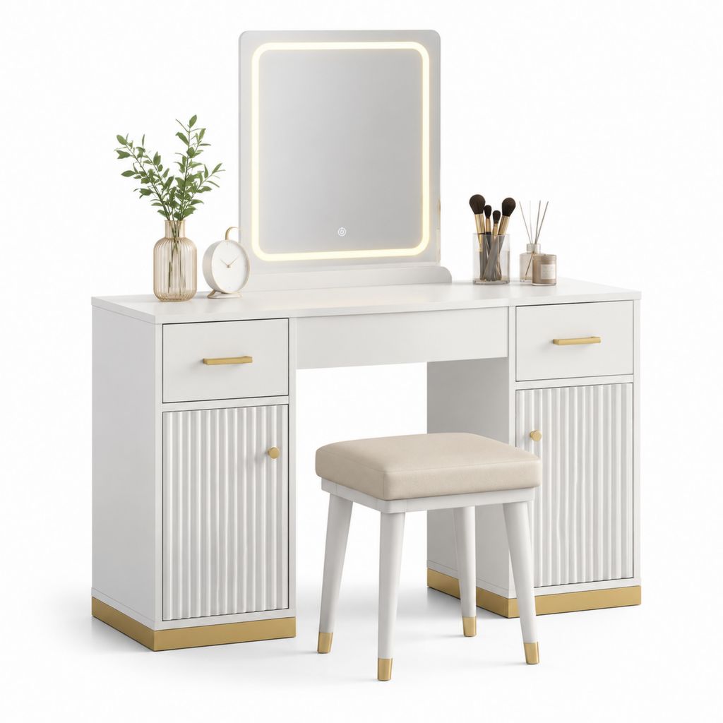 Set toilette en MDF blanc et or avec miroir LED rectangulaire et tabouret beige, 120 × 40 × 140 cm