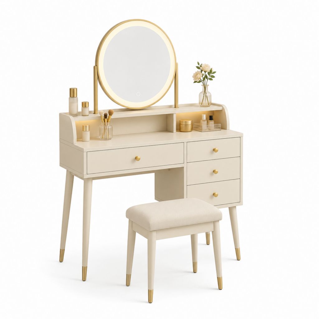 Toilette de maquillage avec miroir LED rond et tabouret, ensemble 2 pièces en MDF ivoire et or, 100 × 40 × 140 cm