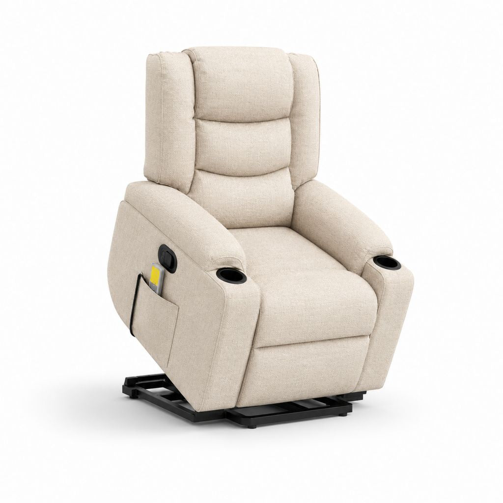 Fauteuil de relaxation électrique en polyester beige et noir avec dossier haut et 2 porte-verres, 98 × 94 × 108 cm
