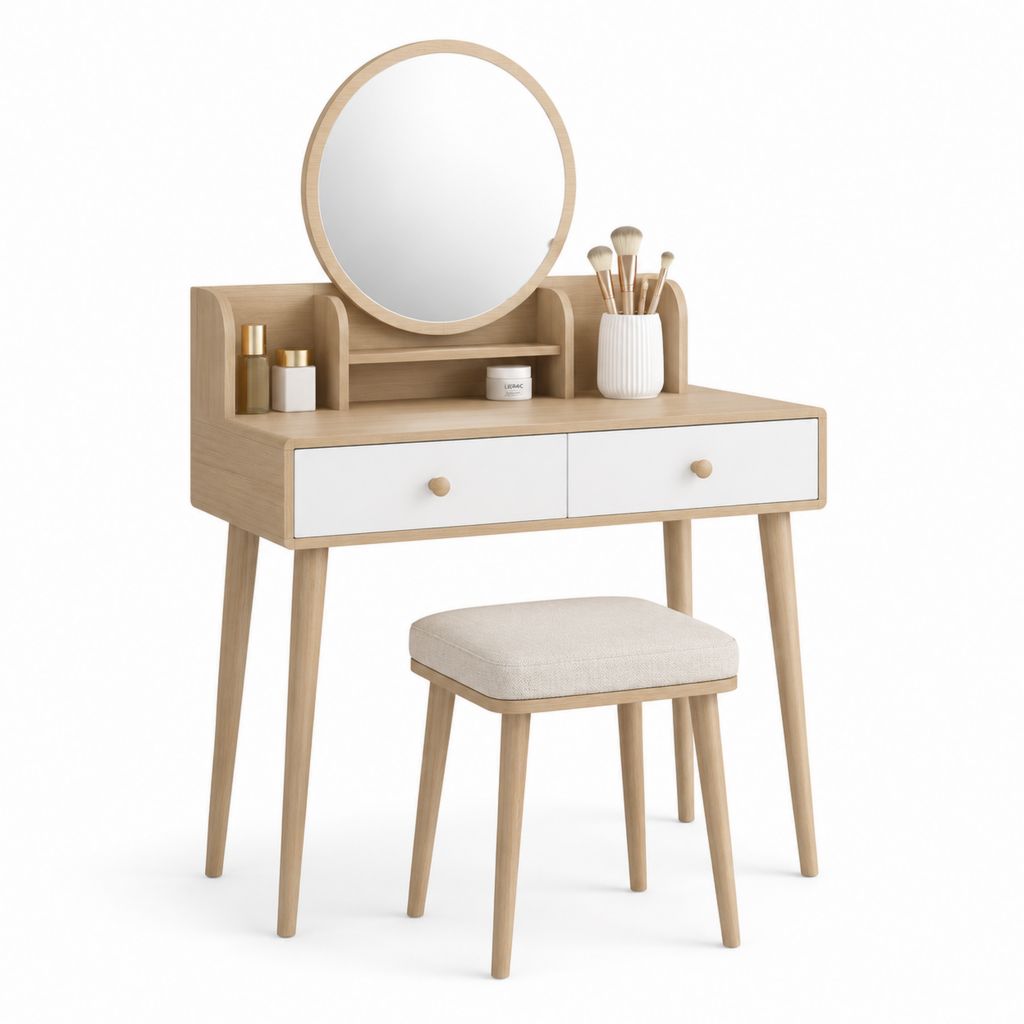 Set toilette en MDF avec miroir rond et tabouret, chêne clair, blanc et beige, 100 × 40 × 135 cm