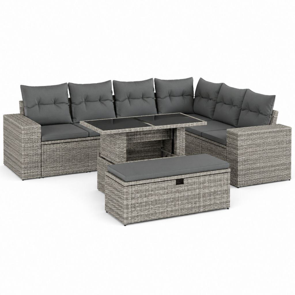 Set de jardin 3 pièces 9 places en résine tressée PE et acier gris, canapé U 267 × 202 × 74 cm, table 145 × 74 × 67 cm et banc 110 × 40 × 40 cm