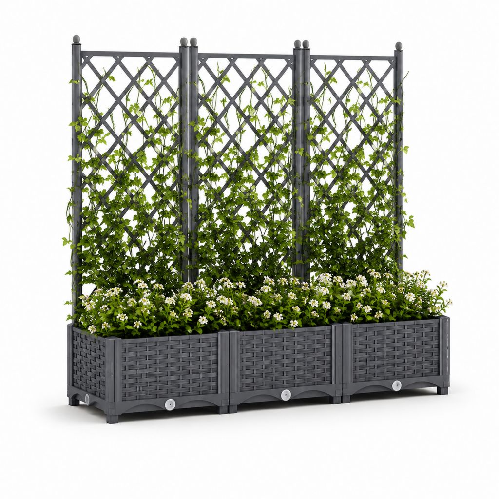 Ensemble de 3 jardiniers relevés avec grille en polypropylène anthracite, 120 × 40 × 121,5 cm