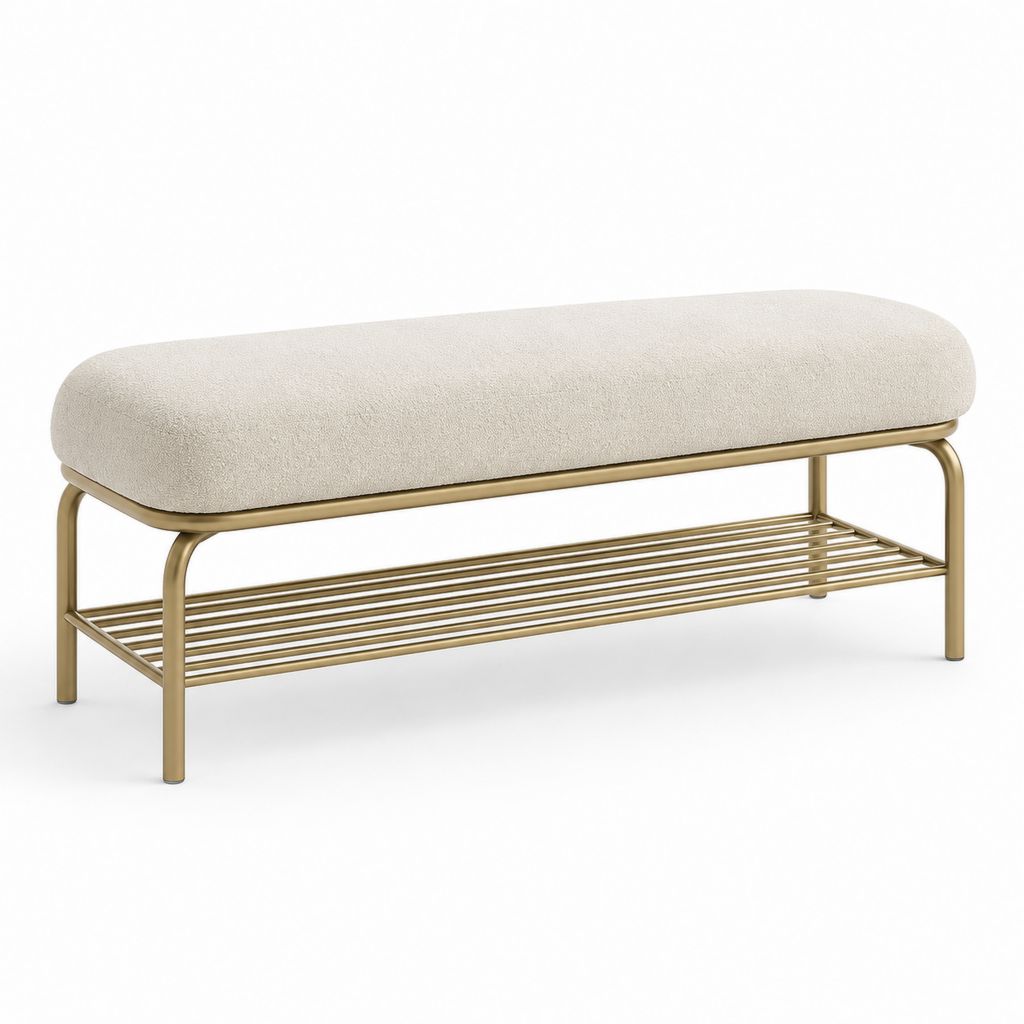 Banc rembourré en mousse de polyester et acier avec plateau, blanc cassé et laiton, 120 × 40 × 45 cm