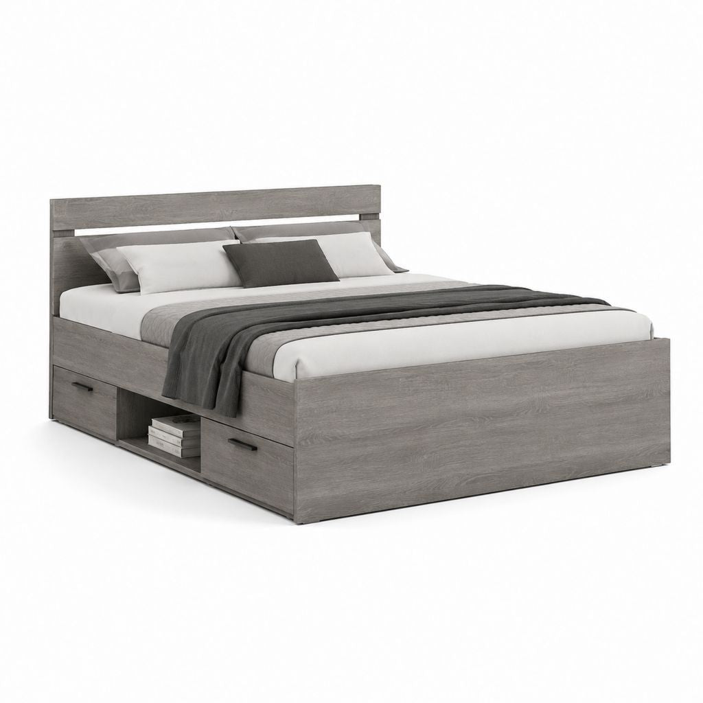 Lit double conteneur 160 × 200 cm en panneau truciolaire mélaminique gris chêne avec 2 tiroirs et compartiment latéral