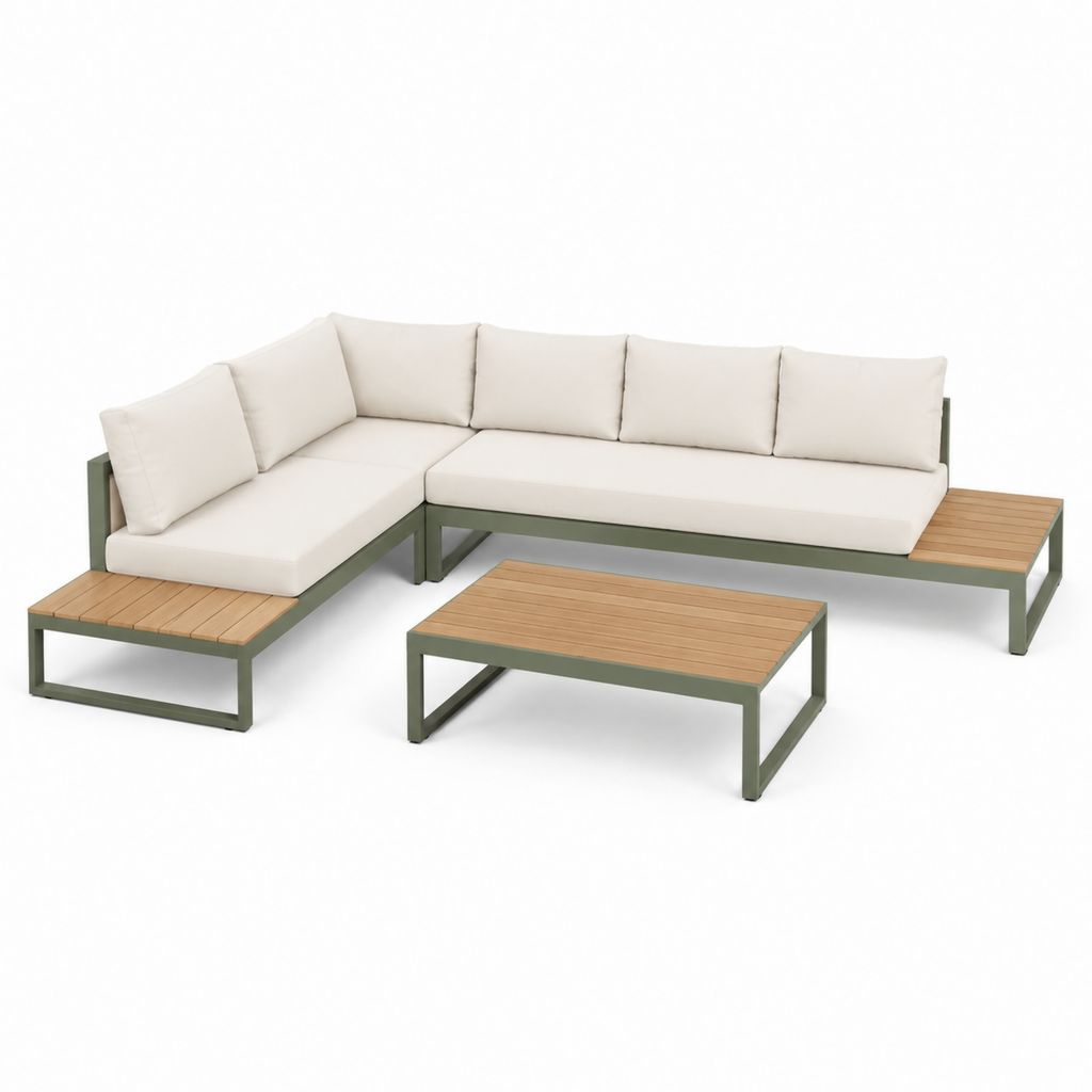 Set salon de jardin angulaire 5 places en aluminium vert et bois d'acacia avec coussins beige, 280 × 220 × 70 cm, table basse 100 × 60 × 35 cm