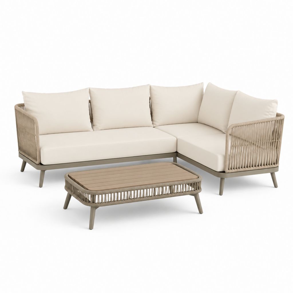 Set de jardin angulaire 3 pièces avec canapé à 3 places et table basse, structure en métal et corde beige, 230 × 160 × 76 cm