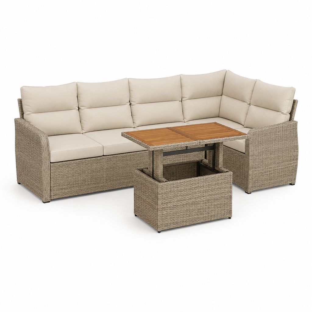 Salon d'angle de jardin 5 places en résine tressée PE et acier tourterelle avec coussins beige et table élévable en bois, 241 × 181 × 85 cm