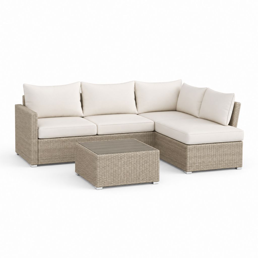 Set coin salon de jardin en polyrattan beige tourterelle avec coussins crème et table basse gris, 3 pièces, 220 × 145 × 80 cm