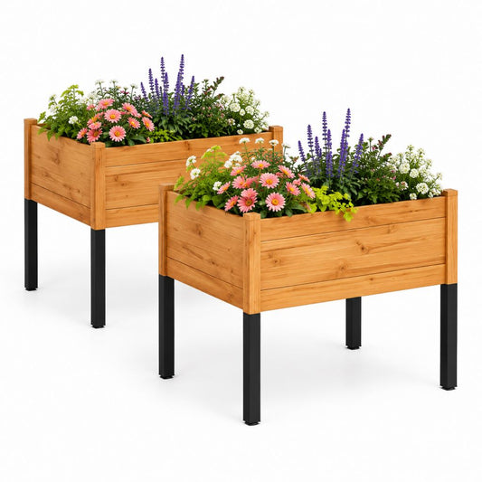 Ensemble de 2 jardinières rectangulaires en bois massif et acier, brun naturel et noir, 80 × 40 × 80 cm