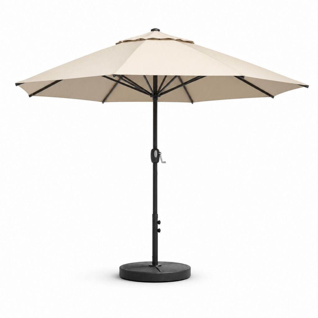 Parasol de jardin octogonal Ø 300 × H 250 cm en polyester beige avec poteau en acier, manivelle et base Ø 50 cm