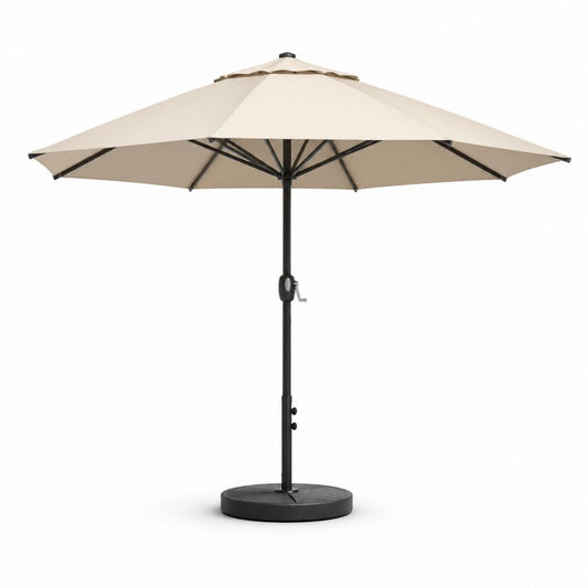 Parasol de jardin octogonal Ø 300 × H 250 cm en polyester beige avec poteau en acier, manivelle et base Ø 50 cm