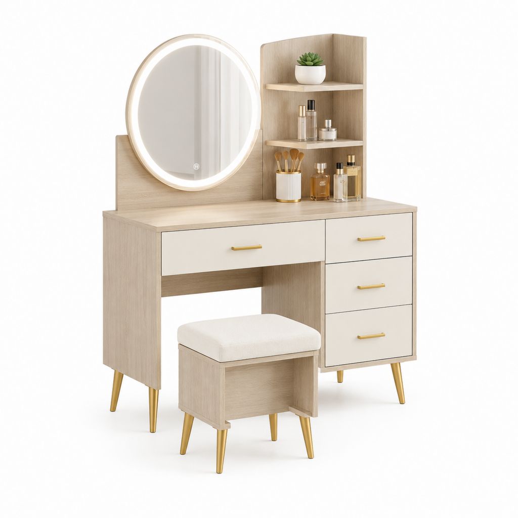 Toilette de maquillage en mélamine avec miroir LED rond, tabouret, 4 tiroirs et 2 étagères, 100 × 40 × 140 cm, chêne clair, beige et or
