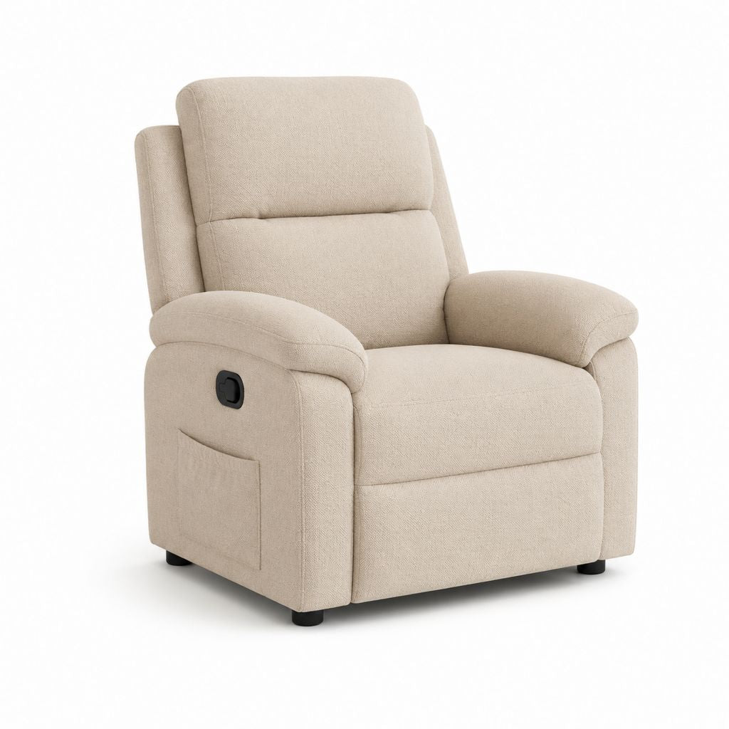 Fauteuil de relaxation inclinable manuel en tissu beige avec dossier haut et repose-pieds, 90 × 96 × 105 cm
