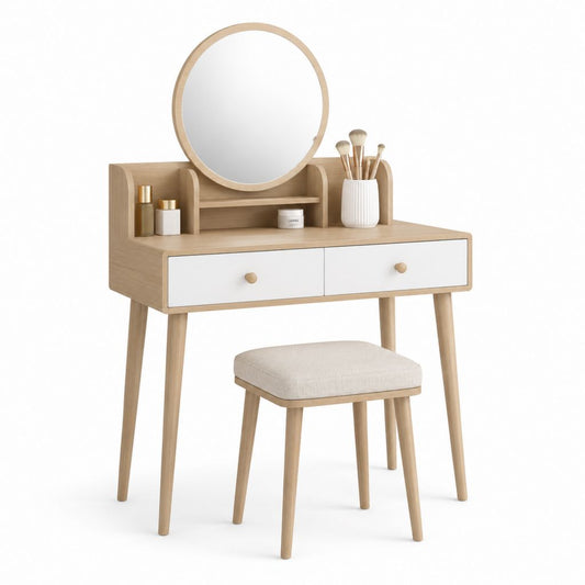 Set toilette en MDF avec miroir rond et tabouret, chêne clair, blanc et beige, 100 × 40 × 135 cm