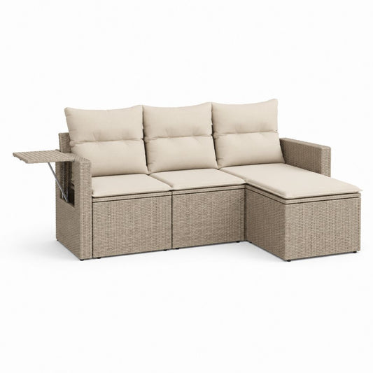 Salon angulaire de jardin à 3 places en résine tressée PE avec péninsule droite, étagère latérale et coussins beige, 228 × 148 × 89 cm