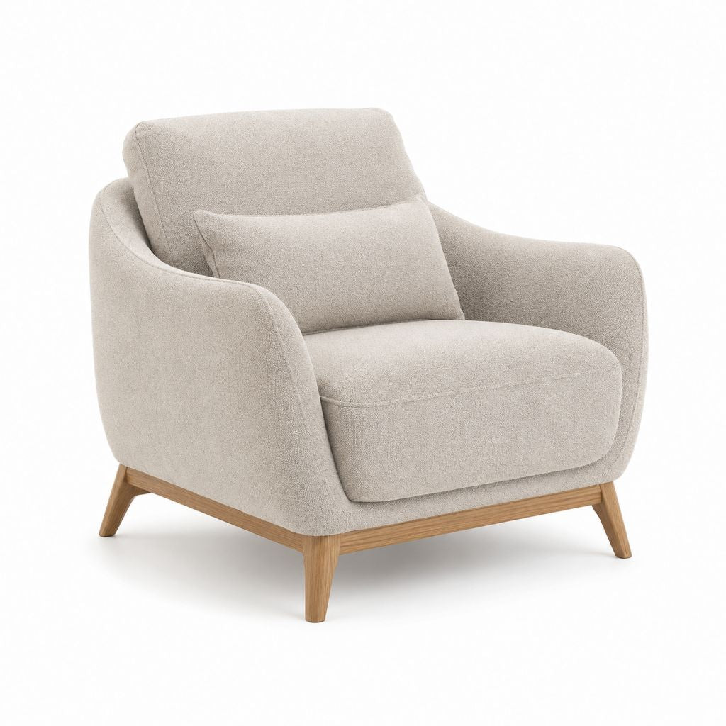 Fauteuil rembourré en mousse de polyester crème avec accoudoirs incurvés et jambes en bois massif, 92 × 92 × 89 cm