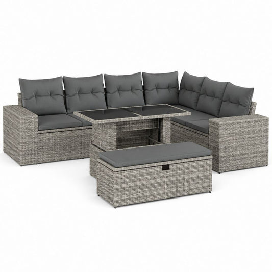 Set de jardin 3 pièces 9 places en résine tressée PE et acier gris, canapé U 267 × 202 × 74 cm, table 145 × 74 × 67 cm et banc 110 × 40 × 40 cm