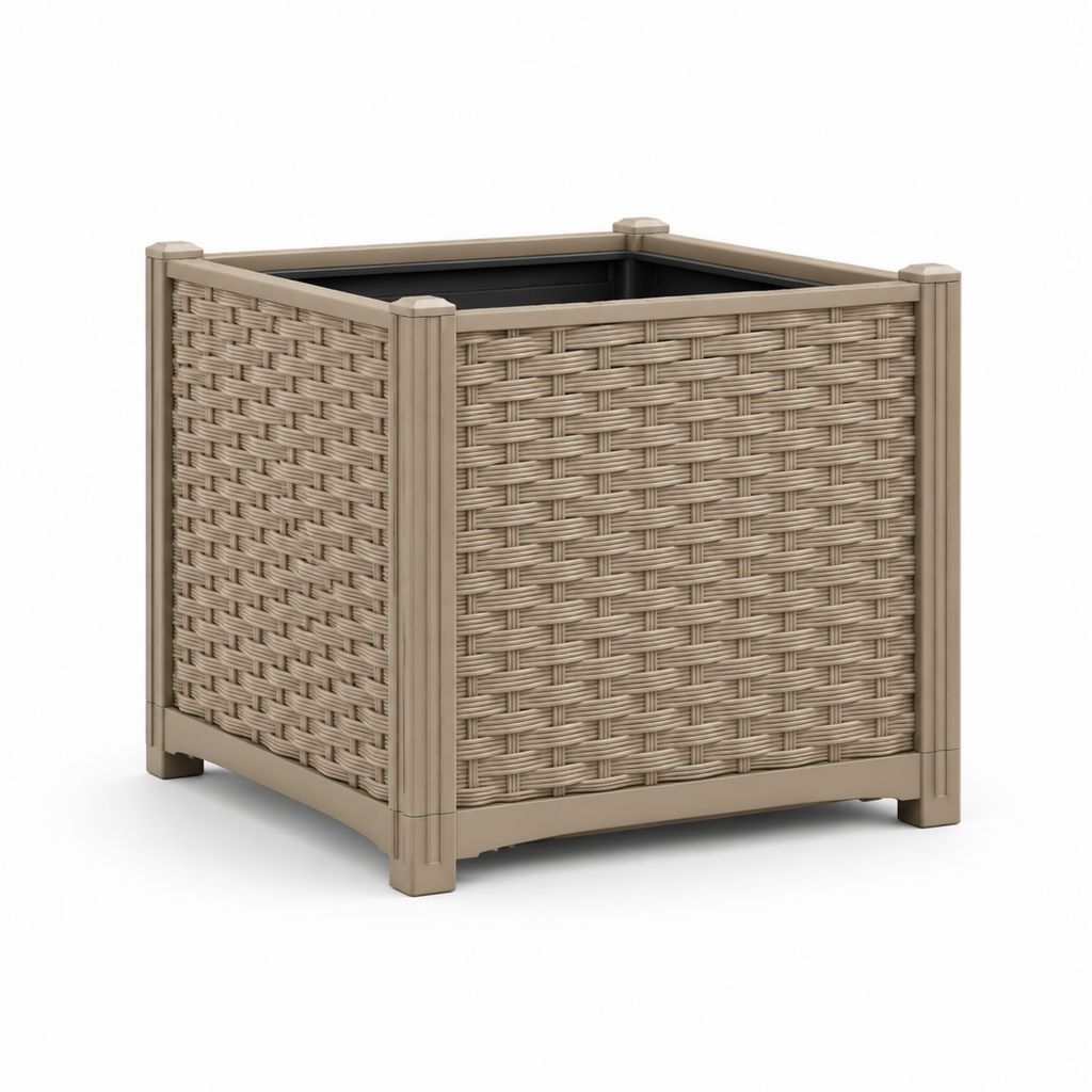 Pot pour plantes carrées en polypropylène effet rotin tourterelle 40 × 40 × 40 cm