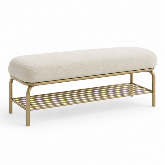 Banc rembourré en mousse de polyester et acier avec plateau, blanc cassé et laiton, 120 × 40 × 45 cm