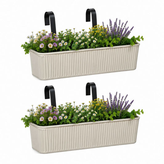 Ensemble de 2 jardiniers rectangulaires en plastique beige avec crochets en métal noir, 60 × 18 × 16 cm