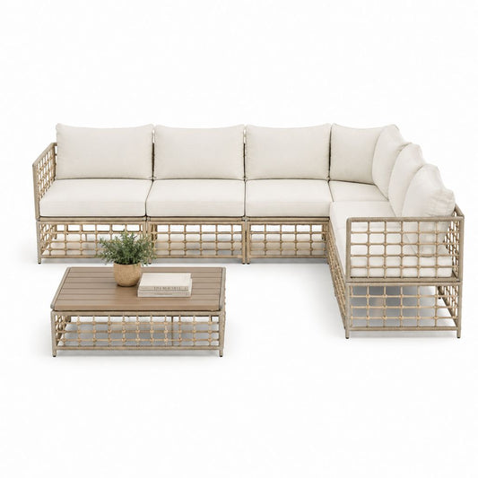 Salon de jardin 7 pièces avec canapé angulaire à 6 places en aluminium et corde plastique, beige crème et tourterelle, 300 × 225 × 72 cm, table basse 110 × 60 × 40 cm
