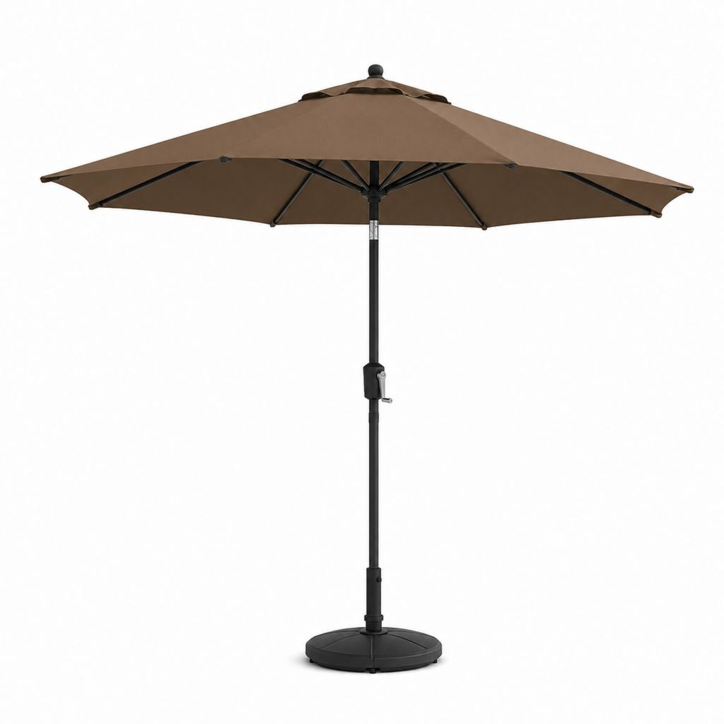 Parasol de jardin octogonal Ø 300 × H 250 cm en polyester marron avec poteau en acier noir et base de ballast