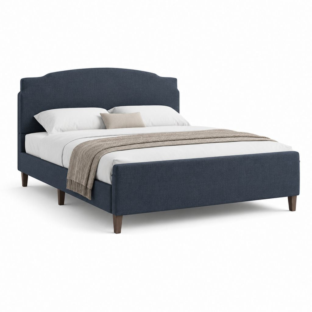 Lit double rembourré en polyester bleu marine avec tête de lit et filet à lattes, pour matelas 160 × 200 cm, dimensions 171 × 216 × 120 cm