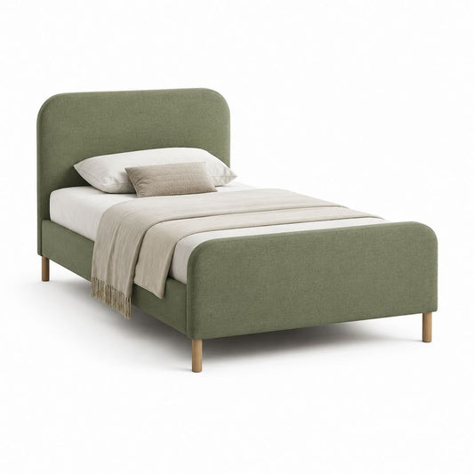 Lit double rembourré en tissu vert olive 149 × 214 × 110 cm pour matelas 140 × 200 cm avec tête de lit, pédier et filet à lattes