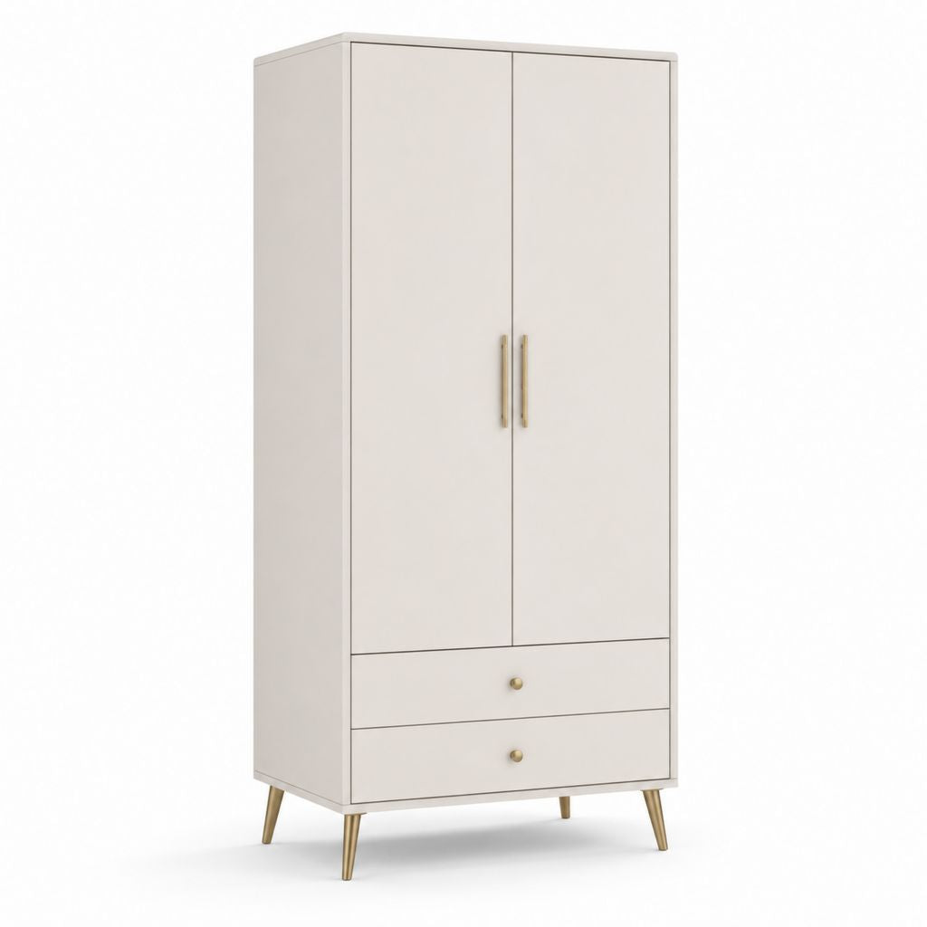Armoire rectangulaire beige et laiton avec 2 portes et 2 tiroirs, 90 × 50 × 190 cm