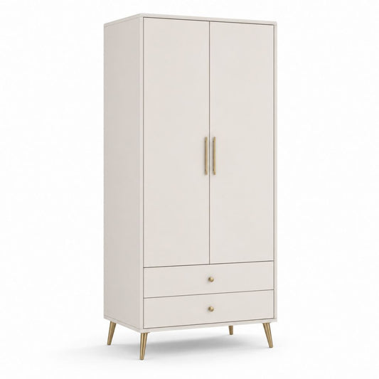 Armoire rectangulaire beige et laiton avec 2 portes et 2 tiroirs, 90 × 50 × 190 cm