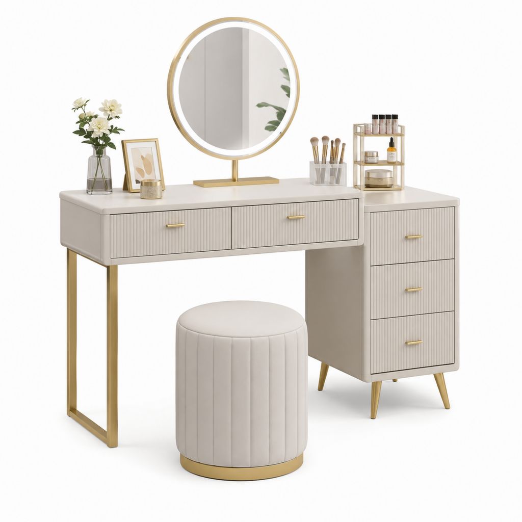 Set de maquillage en MDF, acier et cuir synthétique avec miroir LED rond, 5 tiroirs et tabouret, beige et or, 120 × 40 × 140 cm