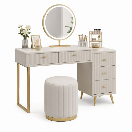 Set de maquillage en MDF, acier et cuir synthétique avec miroir LED rond, 5 tiroirs et tabouret, beige et or, 120 × 40 × 140 cm