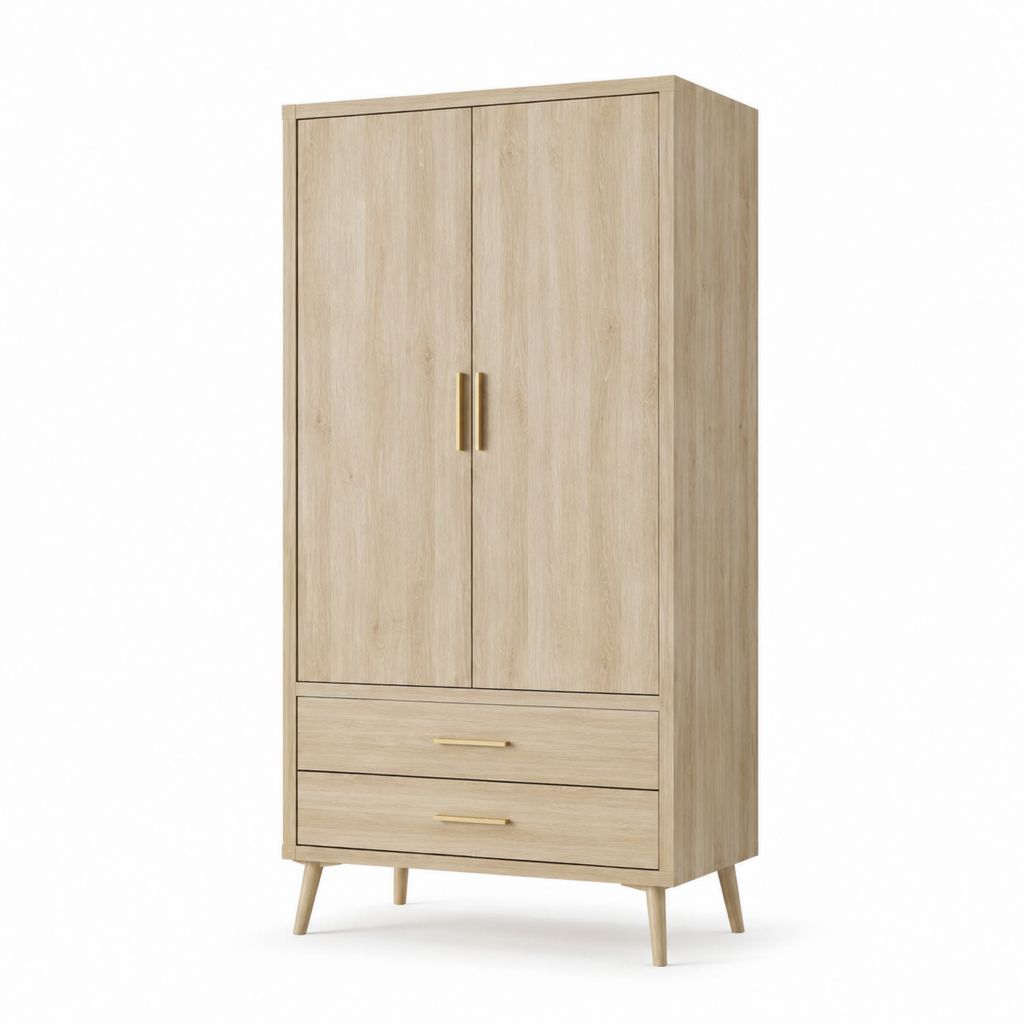 Armoire armoire rectangulaire en bois à 2 portes et 2 tiroirs, chêne clair, 90 × 50 × 180 cm