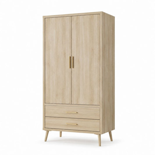 Armoire armoire rectangulaire en bois à 2 portes et 2 tiroirs, chêne clair, 90 × 50 × 180 cm