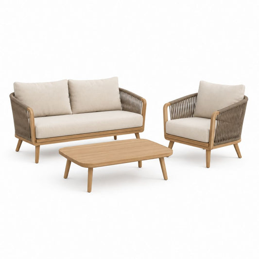 Set salon d'extérieur 3 pièces en bois massif d'acacia et corde, beige et tourterelle, canapé 160 × 75 × 78 cm, fauteuil 75 × 75 × 78 cm, table basse 110 × 60 × 38 cm