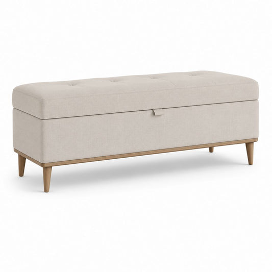 Banc de rangement rembourré en tissu beige avec pieds en bois, 120 × 40 × 45 cm