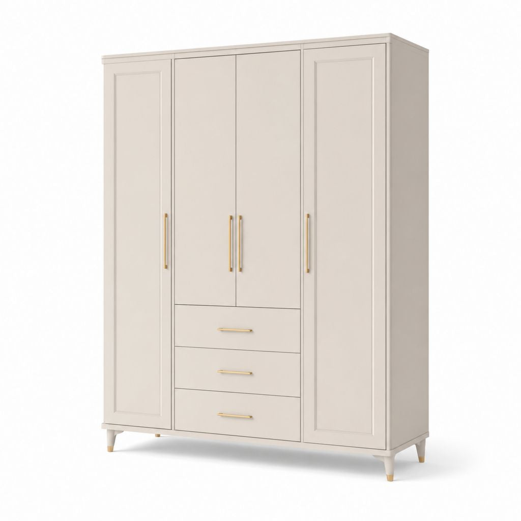 Armoire de rangement rectangulaire en MDF et panneau de maquillage beige et or, 4 portes et 3 tiroirs, 160 × 55 × 200 cm