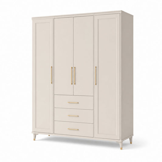 Armoire de rangement rectangulaire en MDF et panneau de maquillage beige et or, 4 portes et 3 tiroirs, 160 × 55 × 200 cm