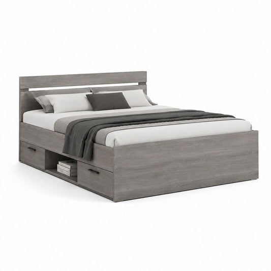 Lit double conteneur 160 × 200 cm en panneau truciolaire mélaminique gris chêne avec 2 tiroirs et compartiment latéral