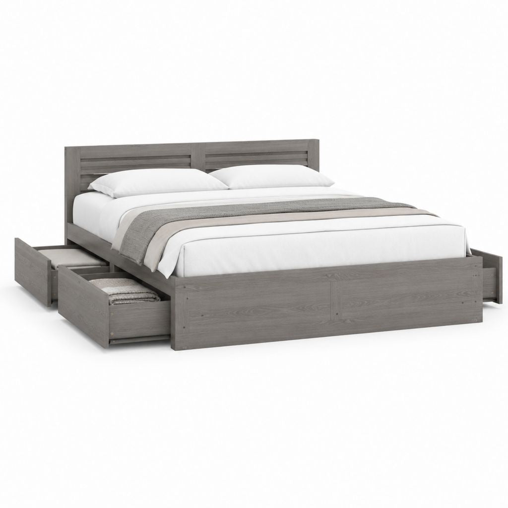 Lit double contenant en bois gris avec 4 tiroirs, 174 × 218 × 105 cm, pour matelas 160 × 200 cm