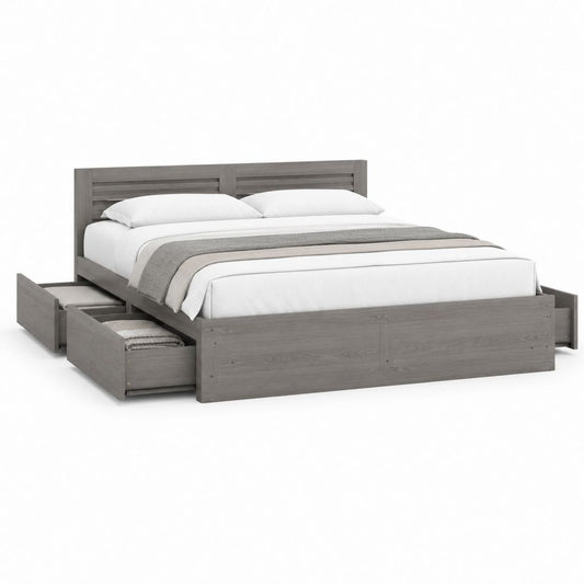 Lit double contenant en bois gris avec 4 tiroirs, 174 × 218 × 105 cm, pour matelas 160 × 200 cm