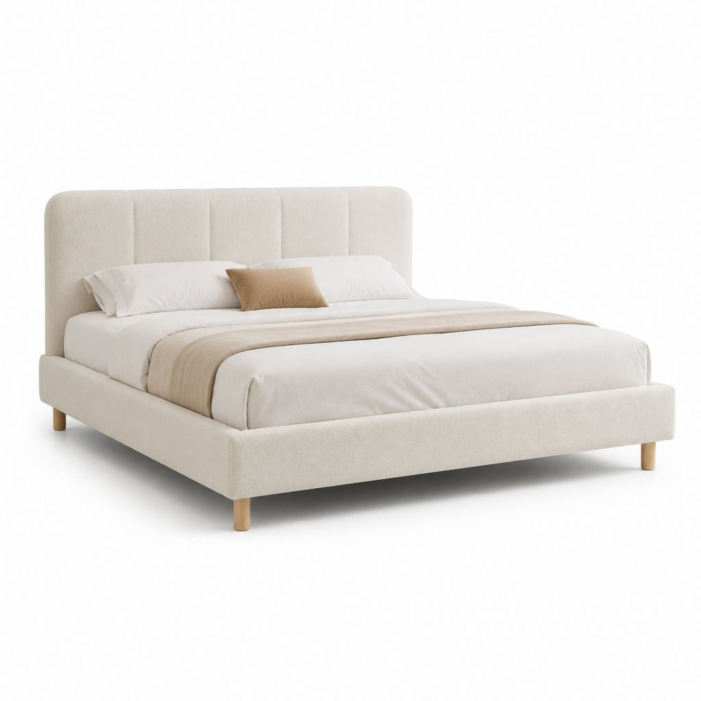 Lit double rembourré 160 × 200 cm en polyester beige clair avec tête rectangulaire et filet à lattes, 216 × 172 × 105 cm