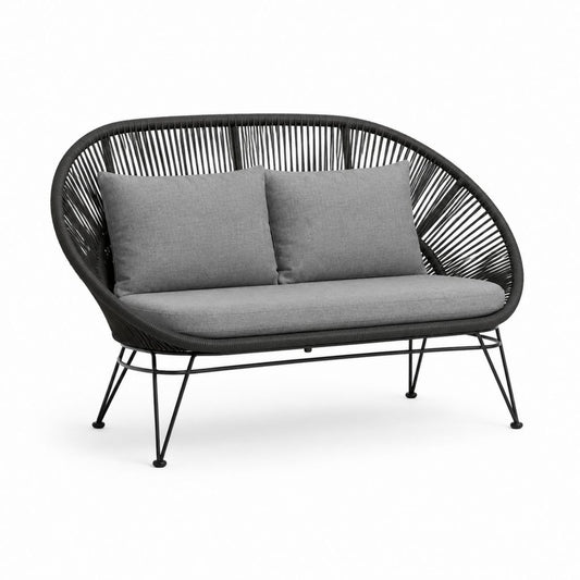Canapé de jardin extérieur à 2 places en acier et corde PE, noir et gris, 132 × 74 × 83 cm