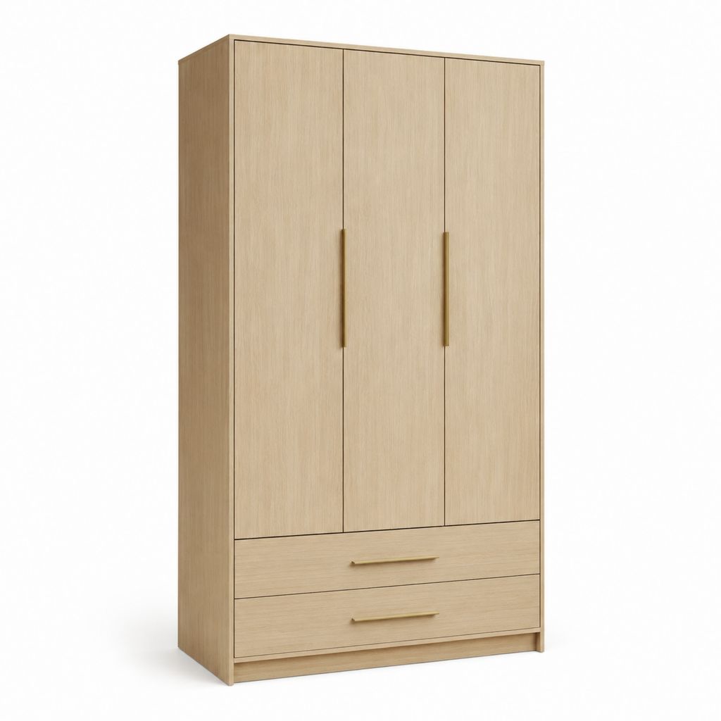 Armoire de garde-robe à 3 portes et 2 tiroirs en panneau truciolaire, chêne clair et or, 120 × 55 × 200 cm