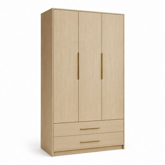 Armoire de garde-robe à 3 portes et 2 tiroirs en panneau truciolaire, chêne clair et or, 120 × 55 × 200 cm