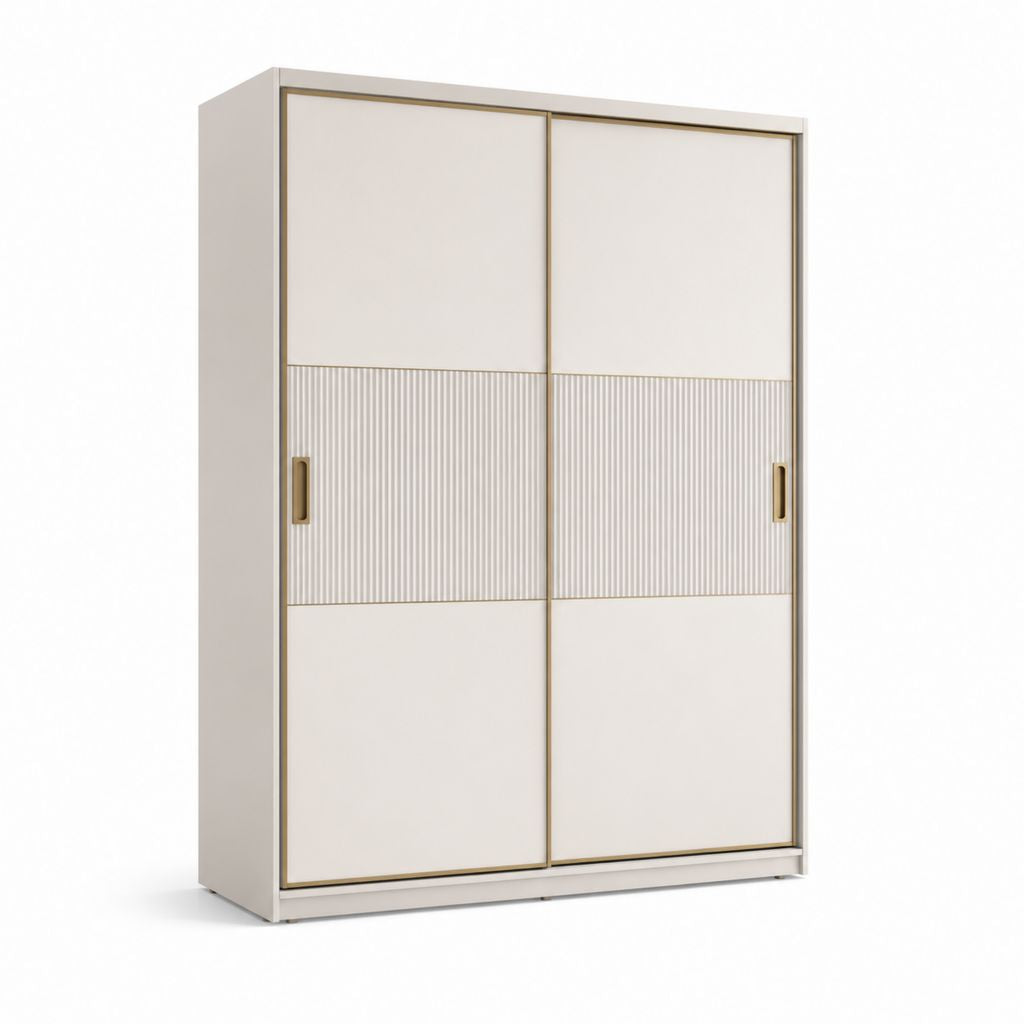 Armoire armoire rectangulaire à 2 portes coulissantes en panneau truciolaire et MDF, blanc cassé et or, 180 × 60 × 220 cm
