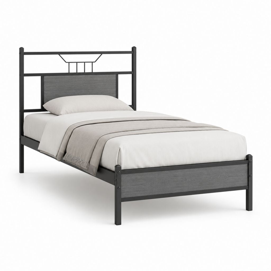 Structure lit simple en acier et MDF noir et gris anthracite, 198 × 96 × 110 cm, pour matelas 90 × 190 cm