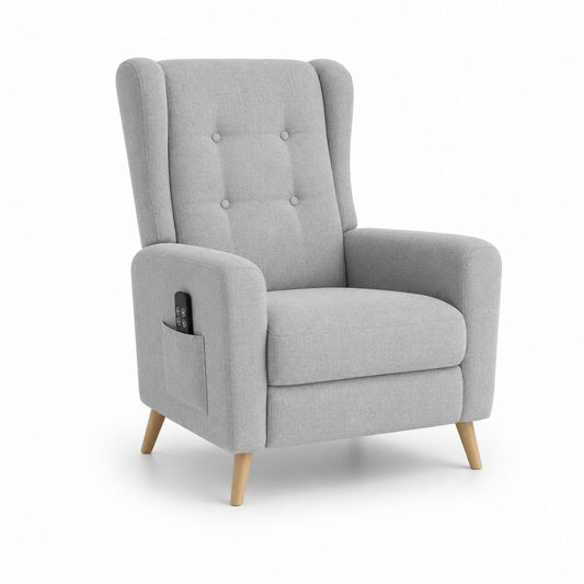 Fauteuil inclinable électrique à auriculaire en tissu gris clair avec télécommande, 75 × 90 × 105 cm