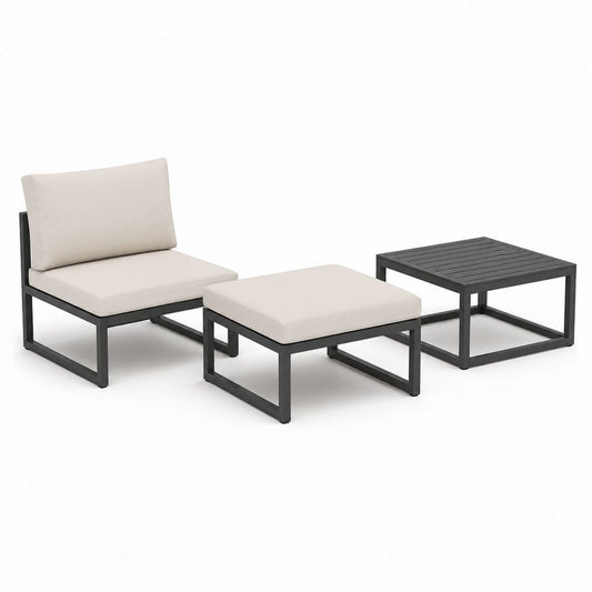 Complet de salon extérieur 3 pièces en aluminium noir et beige, fauteuil 70 × 75 × 75 cm, repose-pieds 65 × 65 × 38 cm et table basse 65 × 65 × 45 cm